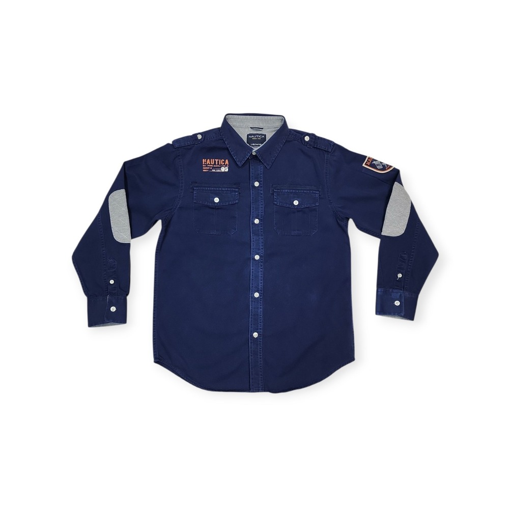 Nautica Maritime Long Sleeve Button Up Navy Blue Shirt Youth Size L 14/16